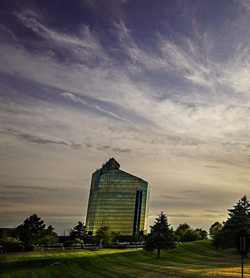 Grand Traverse Resort exterior view during sunset. 